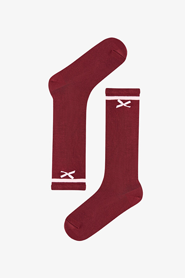 Bordo Collage Bowtie Çizgili Pamuklu Pantolon Çorap - 2 AL 1 ÖDE