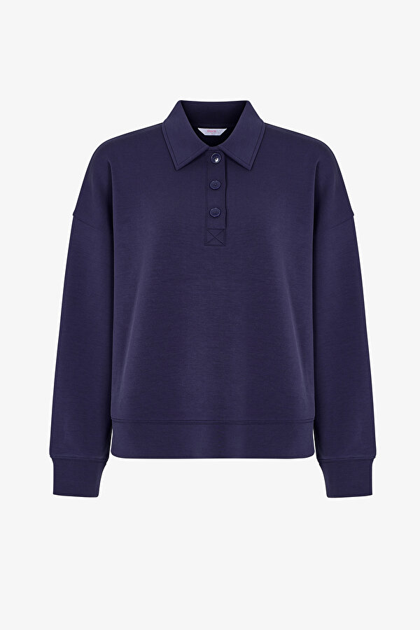 Mavi Modal Polo Yaka Düğmeli Sweatshirt - 2 AL 1 ÖDE