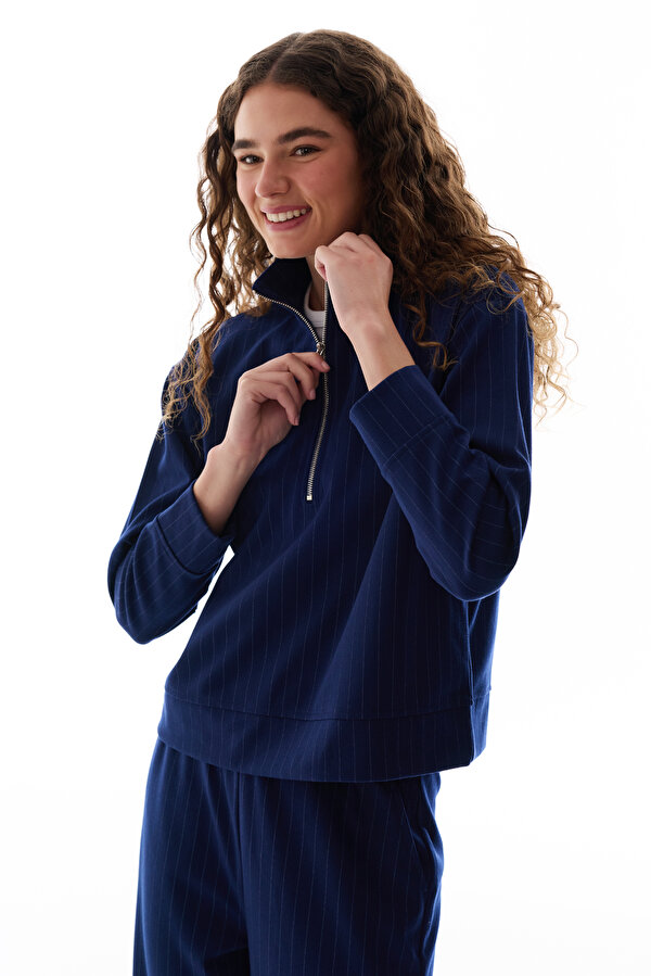Lacivert Yarım Fermuarlı Çizgili Sweatshirt - 2 AL 1 ÖDE