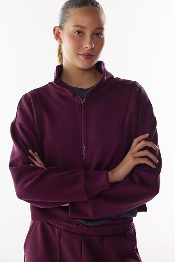 Bordo İpeksi Dokunuş Silky Touch Yarım Fermuarlı Sweatshirt - 2 AL 1 ÖDE