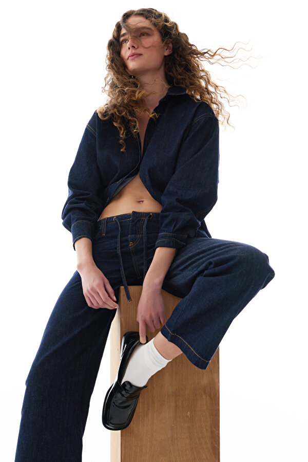 Koyu Mavi Denim Polo Yaka Düğmeli Uzun Kollu Gömlek - 2 AL 1 ÖDE