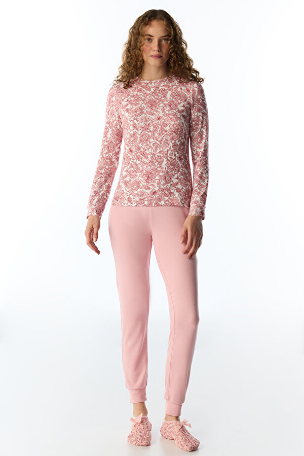 Pembe Countryside Baskılı Çiçekli Uzun Kollu Tişört Pijama Üstü - 3 AL 2 ÖDE