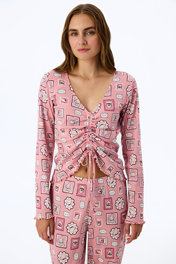 Pembe Postcard Pointel Uzun Kollu Tişört Pijama Üstü - 3 AL 2 ÖDE