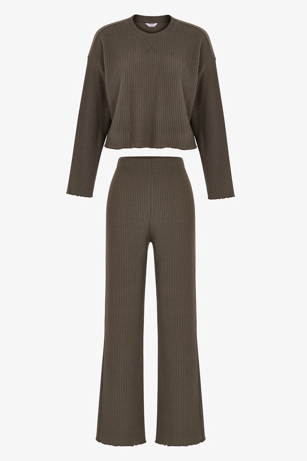 Haki Khaki Waffle Uzun Kollu Pantolon Pijama Takımı - Penti 2 AL 1 ÖDE