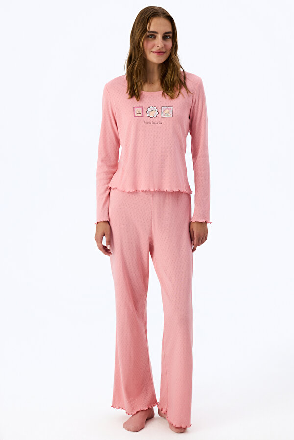 Pembe Dusty Rose Pointel Slogan Desenli Kısa Kollu Tişört Pijama Üstü - 3 AL 2 ÖDE