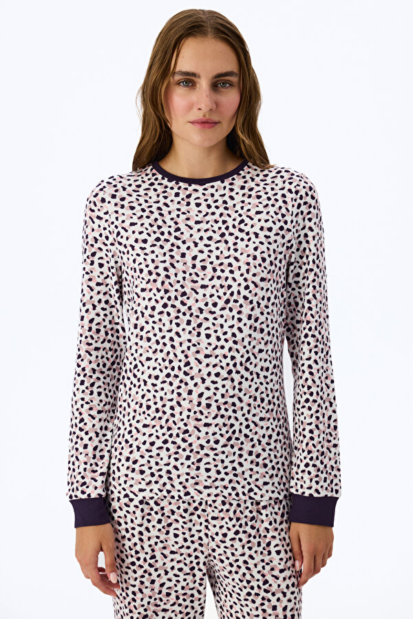 Mor Midnight Mood Baskılı Uzun Kollu Tişört Pijama Üstü - 3 AL 2 ÖDE