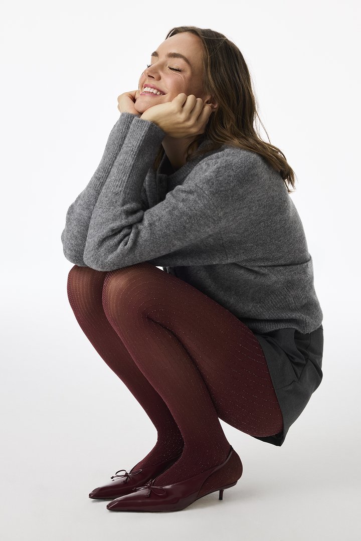 Burgundy Shiny Ribbed Tights - 2