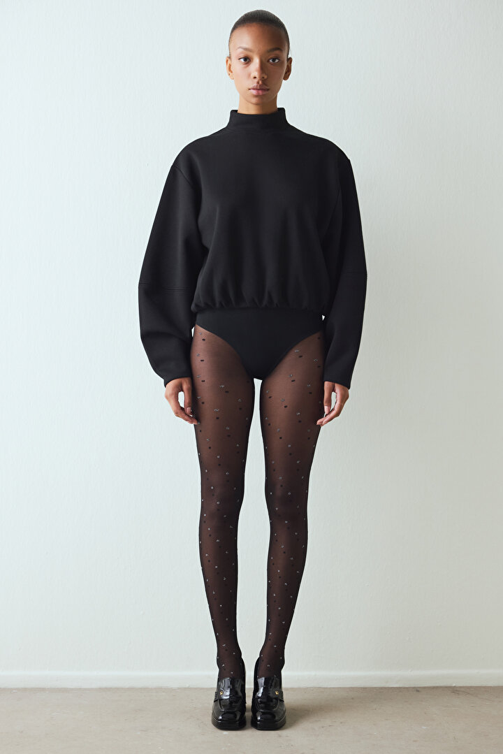 Black Shiny Dotted Tights - 2