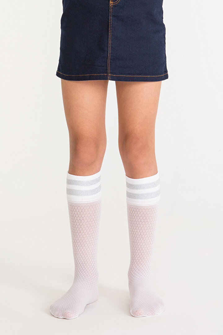 Beyaz Kız Çocuk Çizgili Pantolon Çorabı - 1