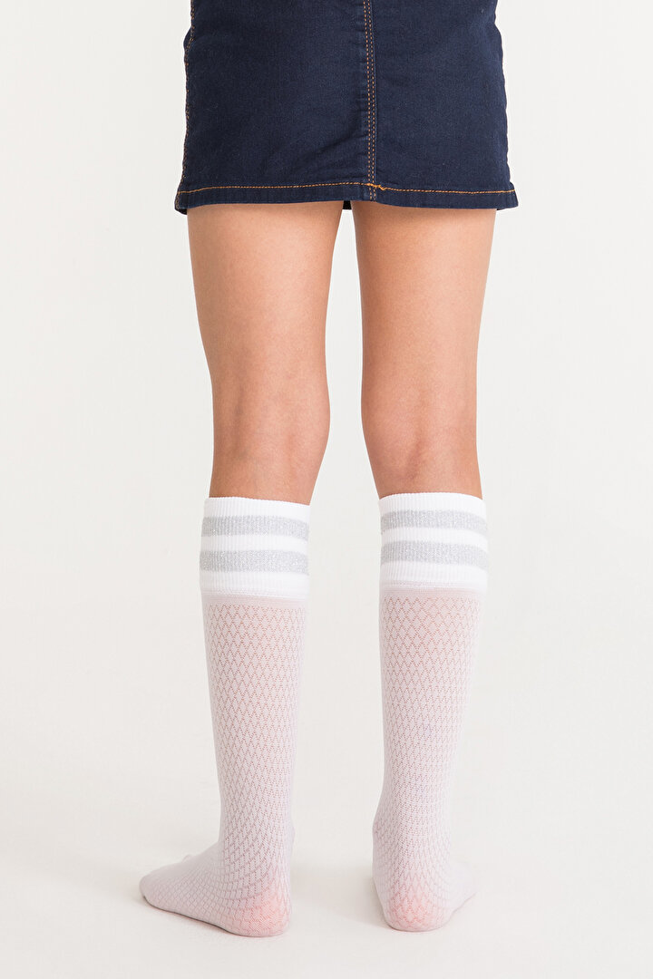 Beyaz Kız Çocuk Çizgili Pantolon Çorabı - 2