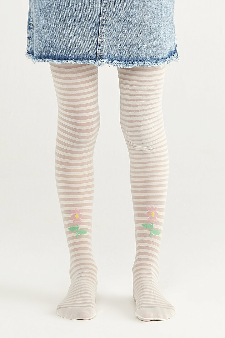 Vanilya Kız Çocuk Çizgili Çicekli Külotlu Çorap - 1