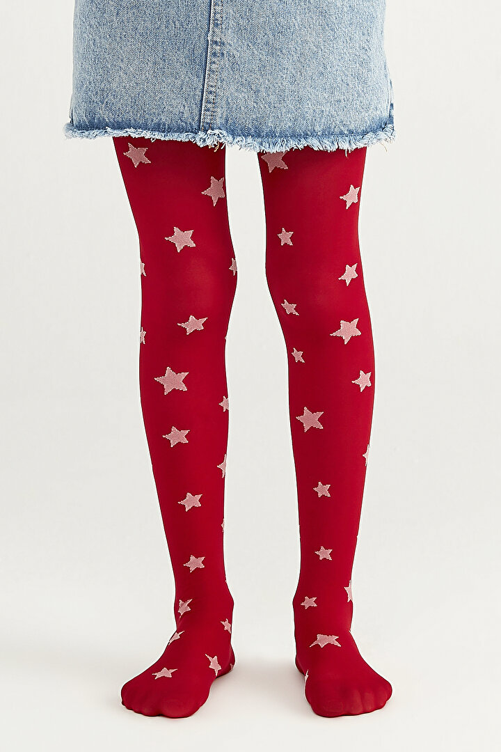 Kırmızı Kız Çocuk Yıldızlı Külotlu Çorap - 1