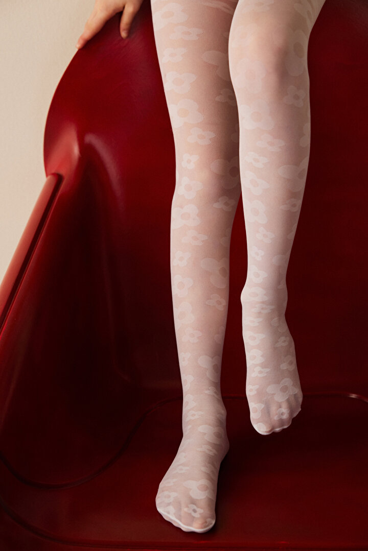 Beyaz Papatya Desenli Külotlu Çorap - 1