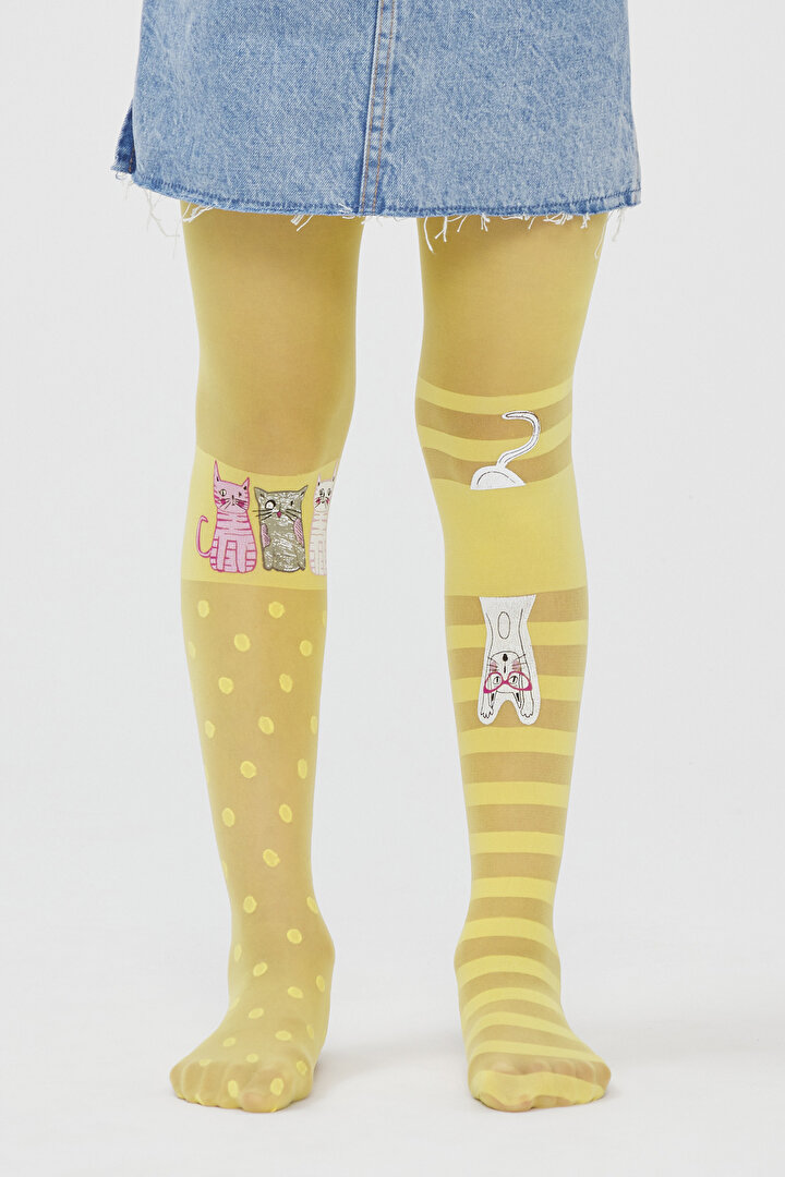 Yeni Sarı Pretty Wondering Cat Külotlu Çorap - 1