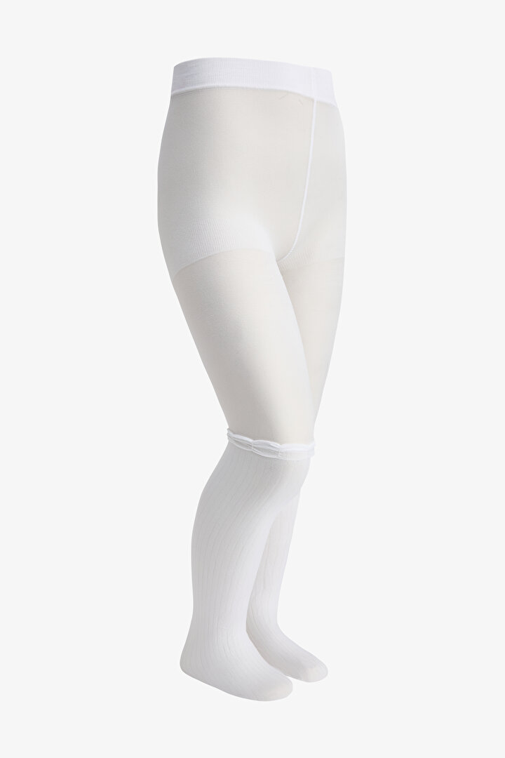 Kız Çocuk Beyaz Pretty Rib Külotlu Çorap - 2