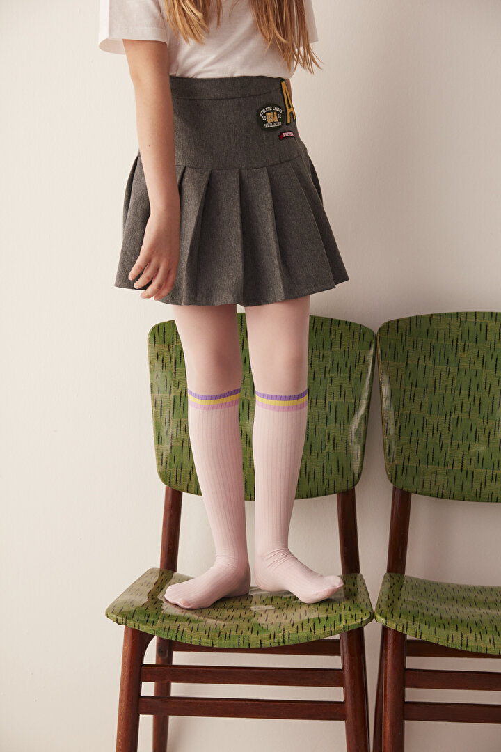 Beyaz Kız Çocuk Çizgili Külotlu Çorap - 2