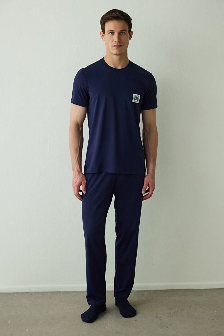Navy Blue Never Man Slogan Printed Short Sleeve Cotton Pajama Set - 1