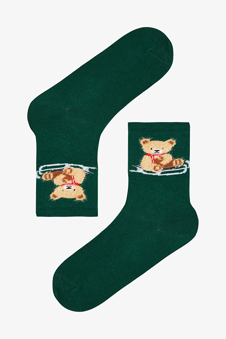 Yeşil Beyaz Sledding Bear  2li Soket Çorap - 2