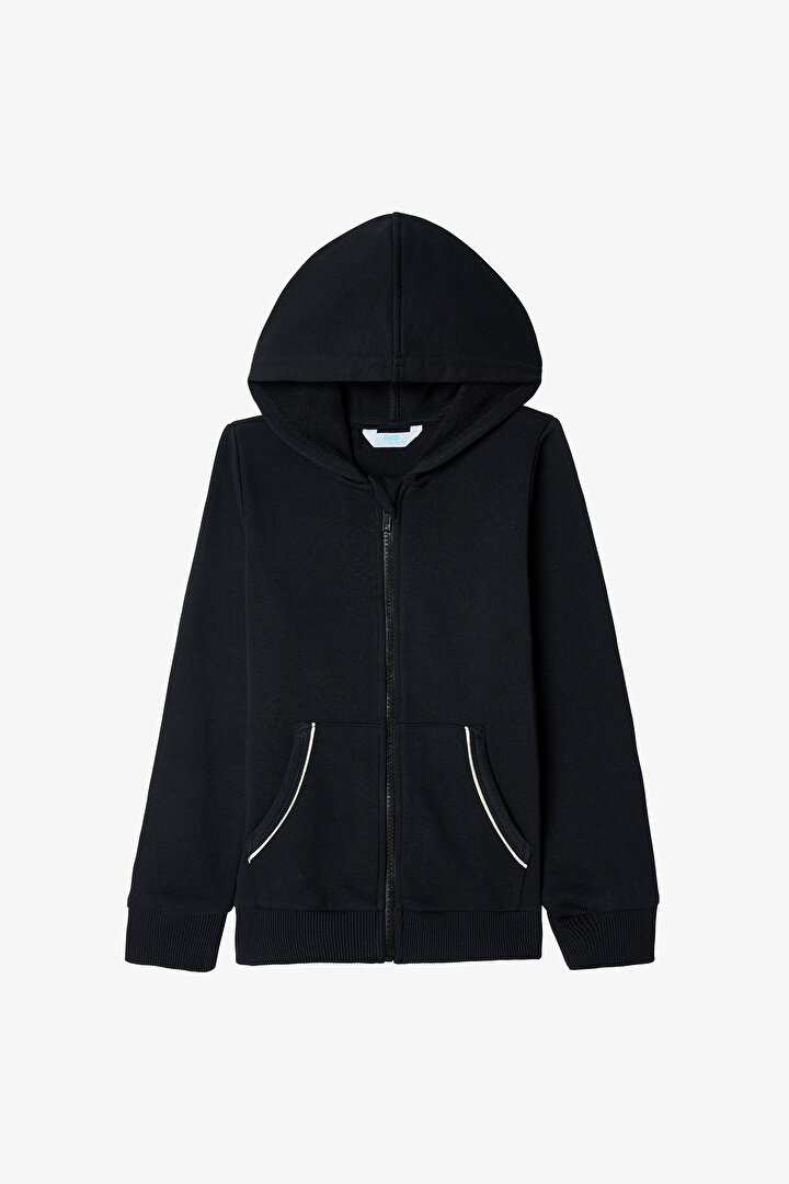 Siyah Kız Çocuk Biye Detaylı Oversize Kapüşonlu Sweatshirt - 1