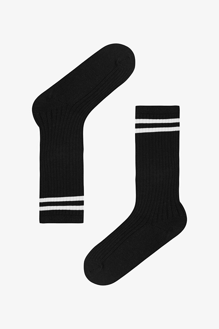 Siyah Kız Çocuk Sporty Çizgili Ribanalı Pantolon Çorabı - 1