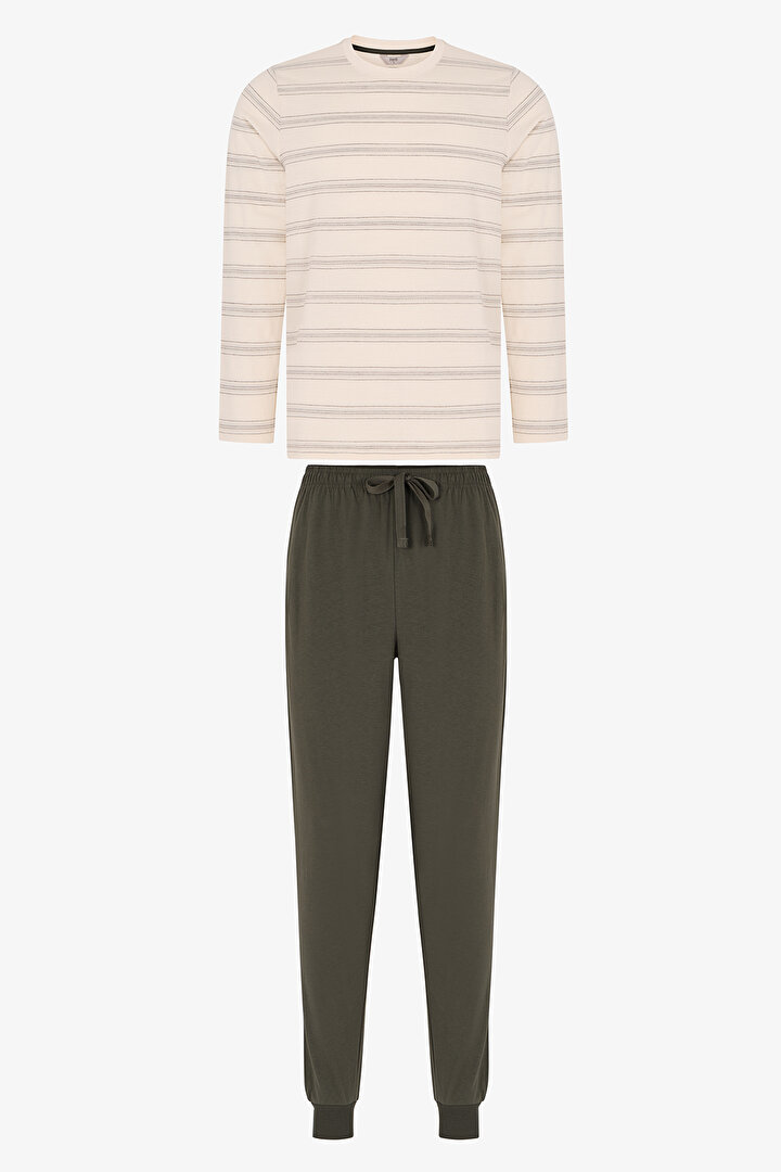 Erkek Moss Çizgili Uzun Kollu Jogger Pijama Takımı - 1