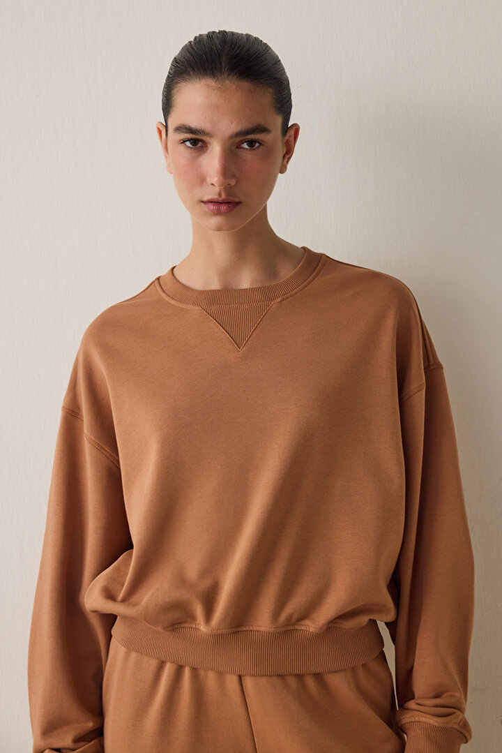 Light Brown Curvy Edge Crew Neck Oversize Crop Sweatshirt - 1