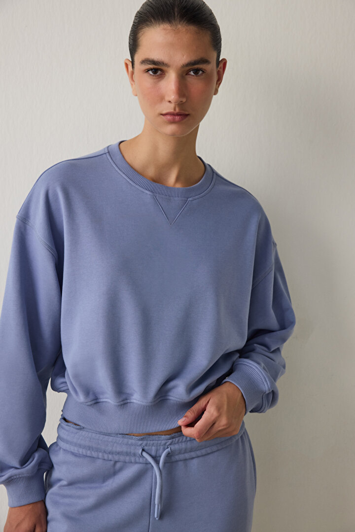 İndigo Curvy Edge Bisiklet Yaka Oversize Crop Sweatshirt - 1