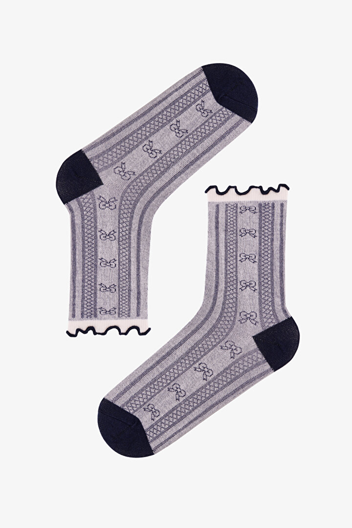 Navy Beyaz Vintage Bowtie Fiyonk Desenli Pamuklu 2 Çift Soket Çorap - 2