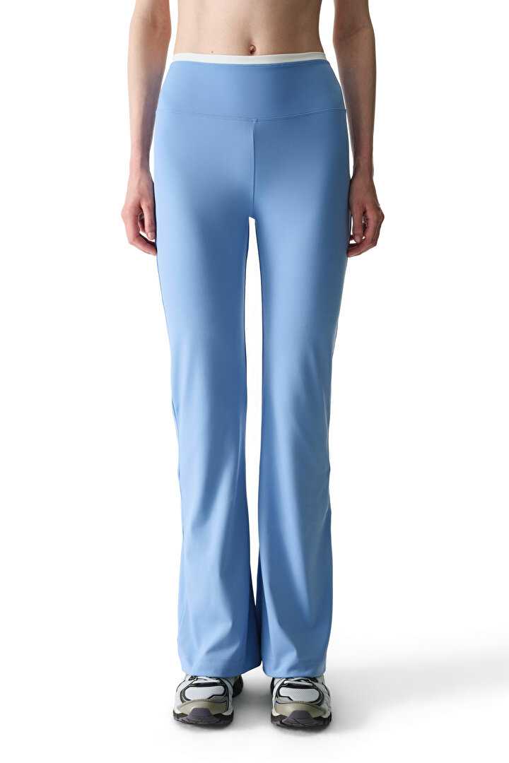 Mavi Kontrast Biyeli Yüksek Bel İspanyol Paça (Flare) Pantolon - 2