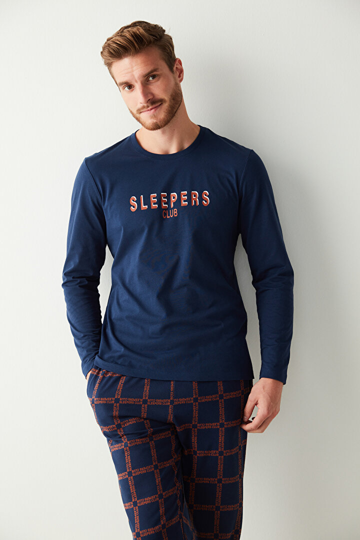 Lacivert Erkek Sleepers Club Slogan Baskılı Pijama Takımı - 1