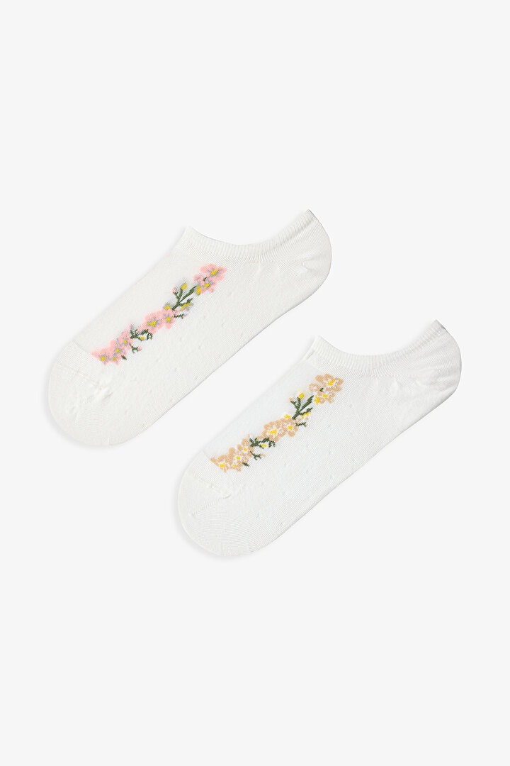 Beyaz - Gri Floral Line 2'li Sneaker Çorabı - 1