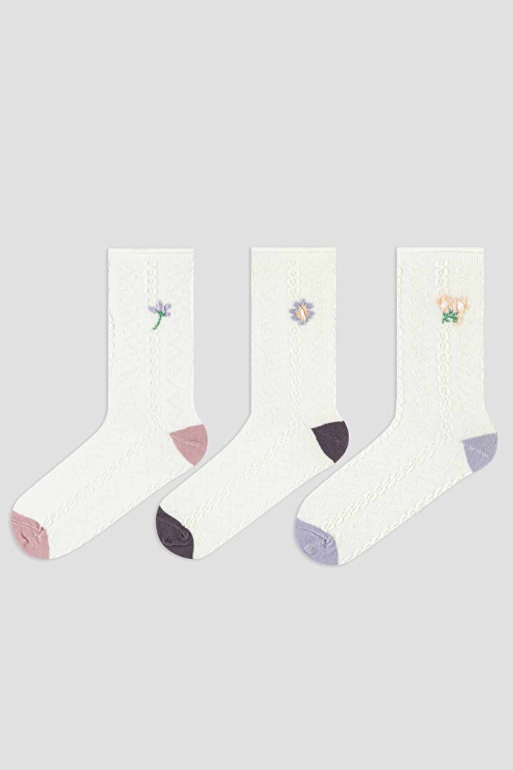 Çiçekli Jacquard 3lü Soket Çorap - 1