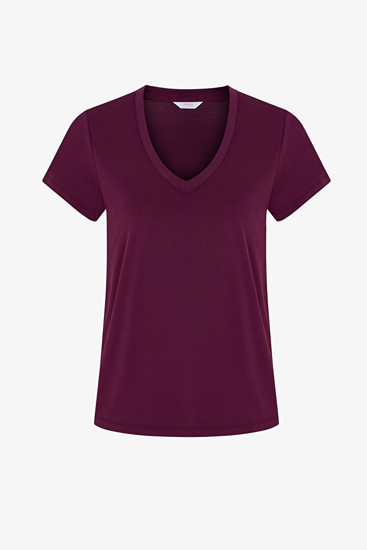 Burgundy Modal V Neck Short Sleeve T-Shirt - 1