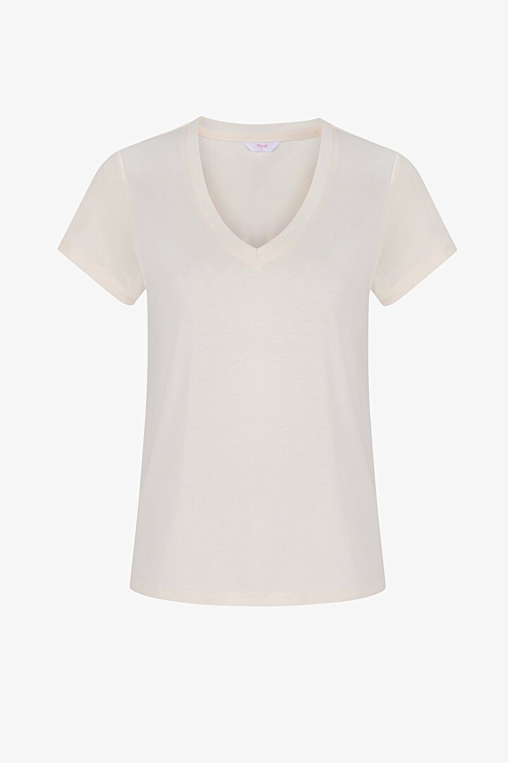 Ecru Modal V Neck Short Sleeve T-Shirt - 1