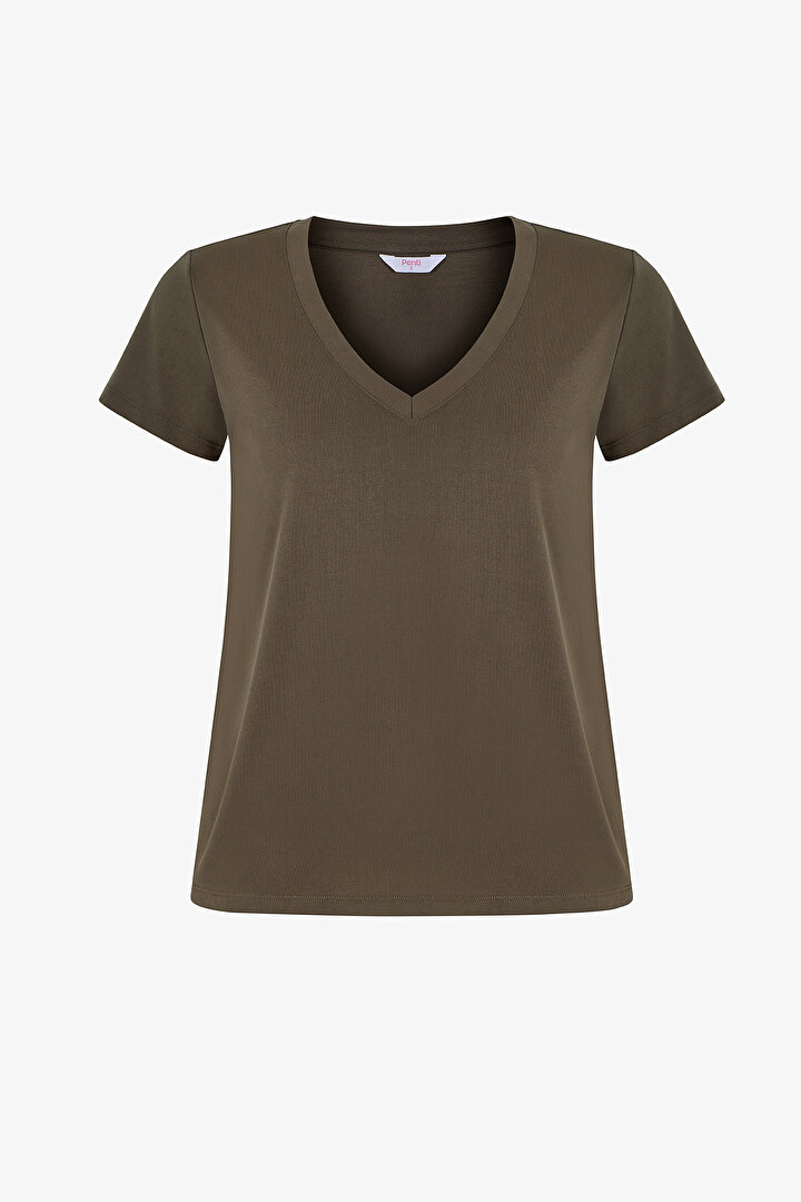 Khaki Modal V Neck Short Sleeve T-Shirt - 1