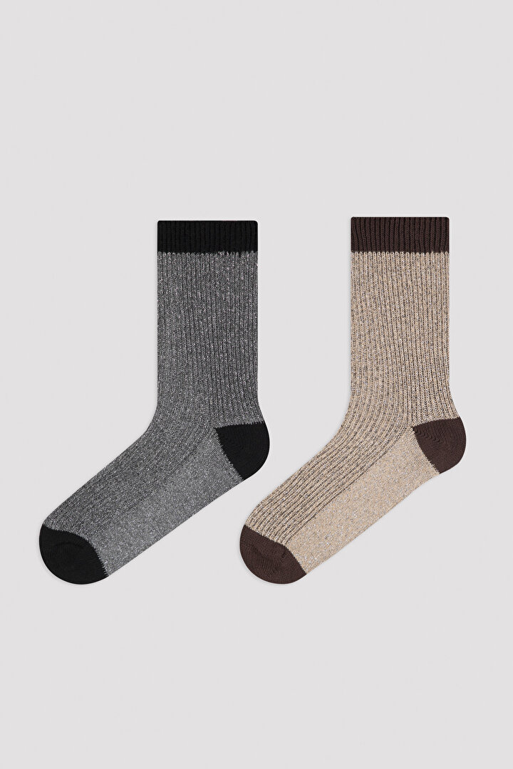 Black - Brown Simli Detail 2in1 Soket Socks - 1
