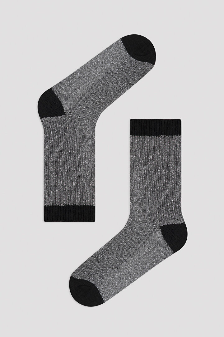 Black - Brown Simli Detail 2in1 Soket Socks - 2