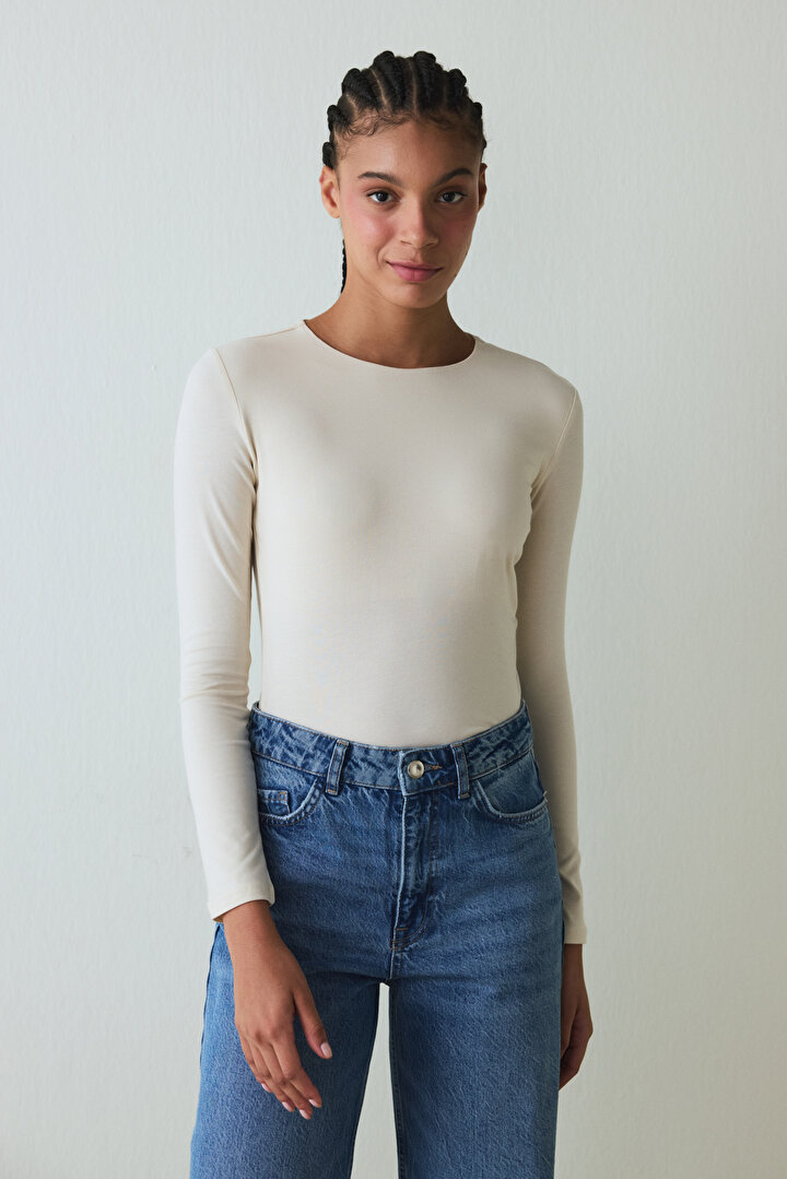 Bej Bisiklet Yaka Slim Fit Uzun Kollu Üst - 2