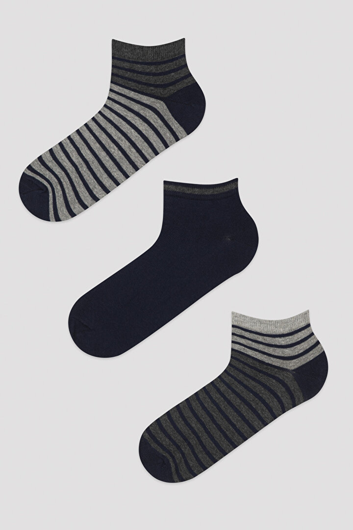 Gri Erkek Çizgili 3'lü Patik Çorap - 1