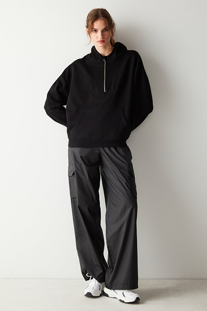 Yarı Fermuarlı Oversize Siyah Sweatshirt - 2