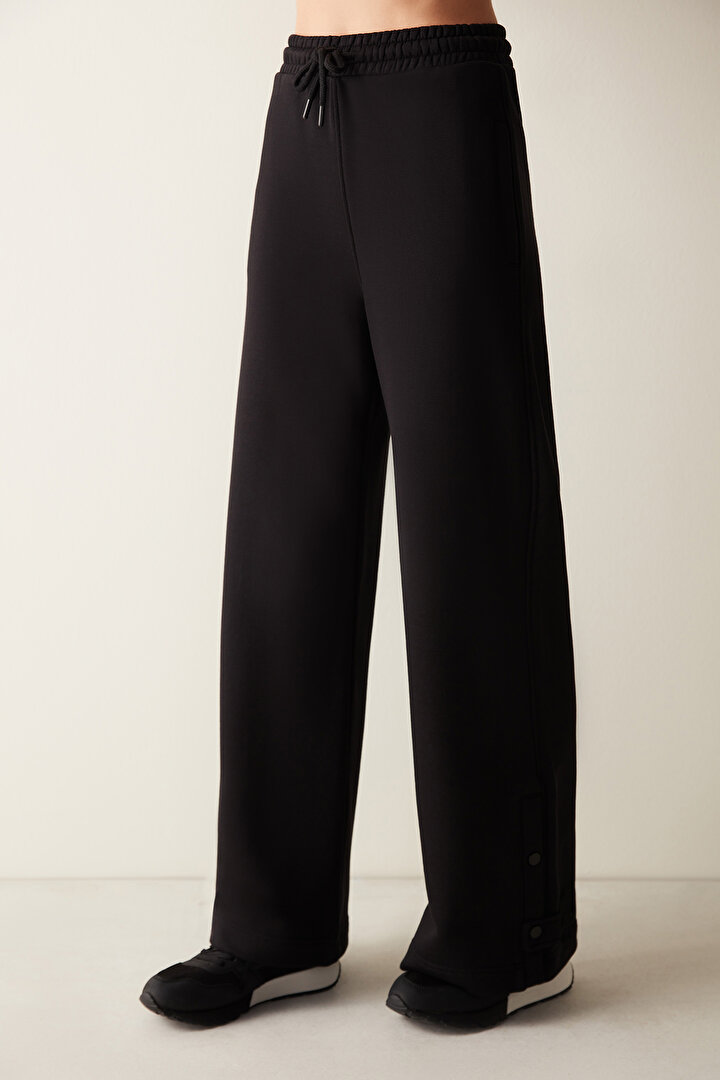 Black High Waist Snap Detailed  Wide Leg Andros Pants- Saude Collection - 1
