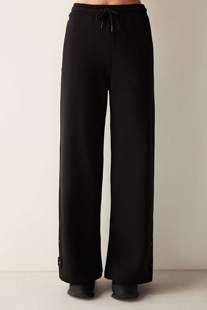 Black High Waist Snap Detailed  Wide Leg Andros Pants- Saude Collection - 2