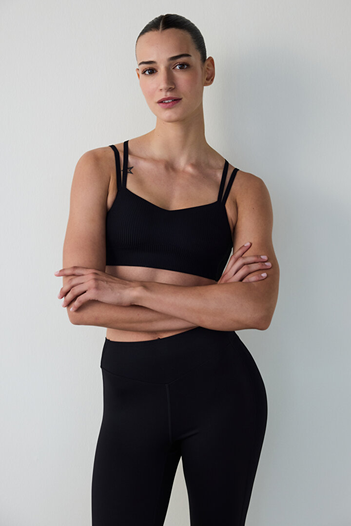 Black Ribbed Low Support Padded Sports Bra - 1