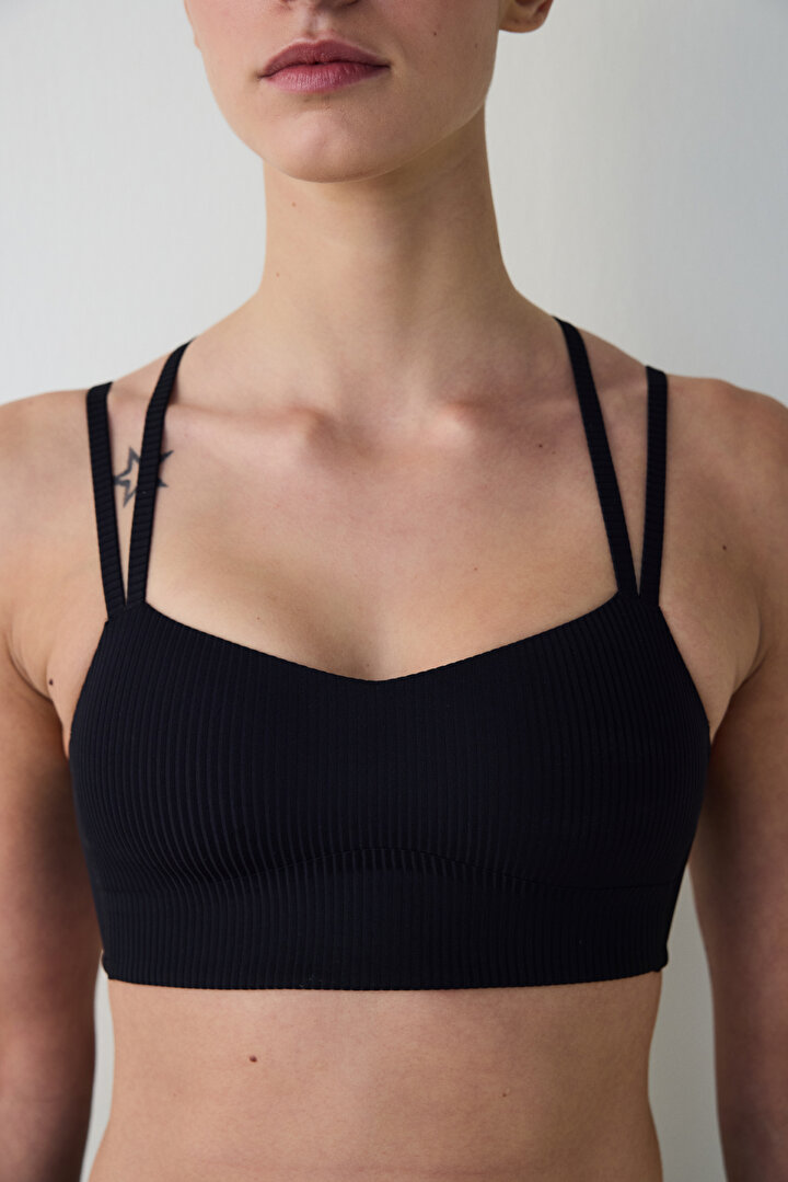 Black Ribbed Low Support Padded Sports Bra - 2