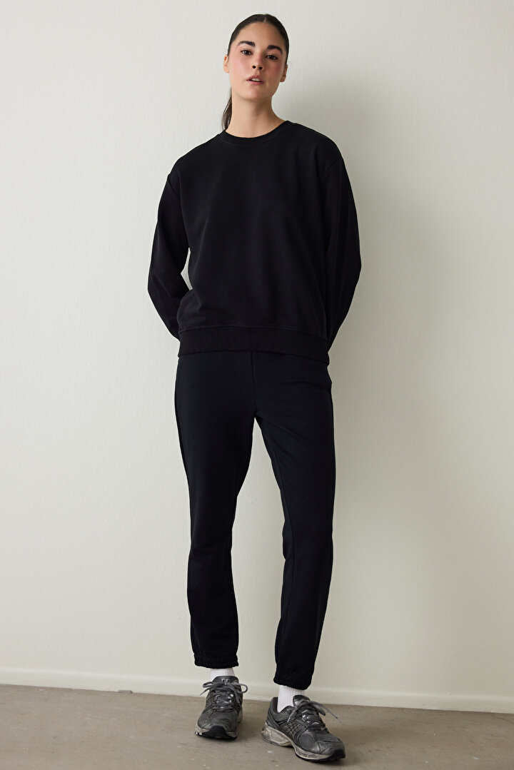 Siyah Bisiklet Yaka Oversize Spor Sweatshirt - 1