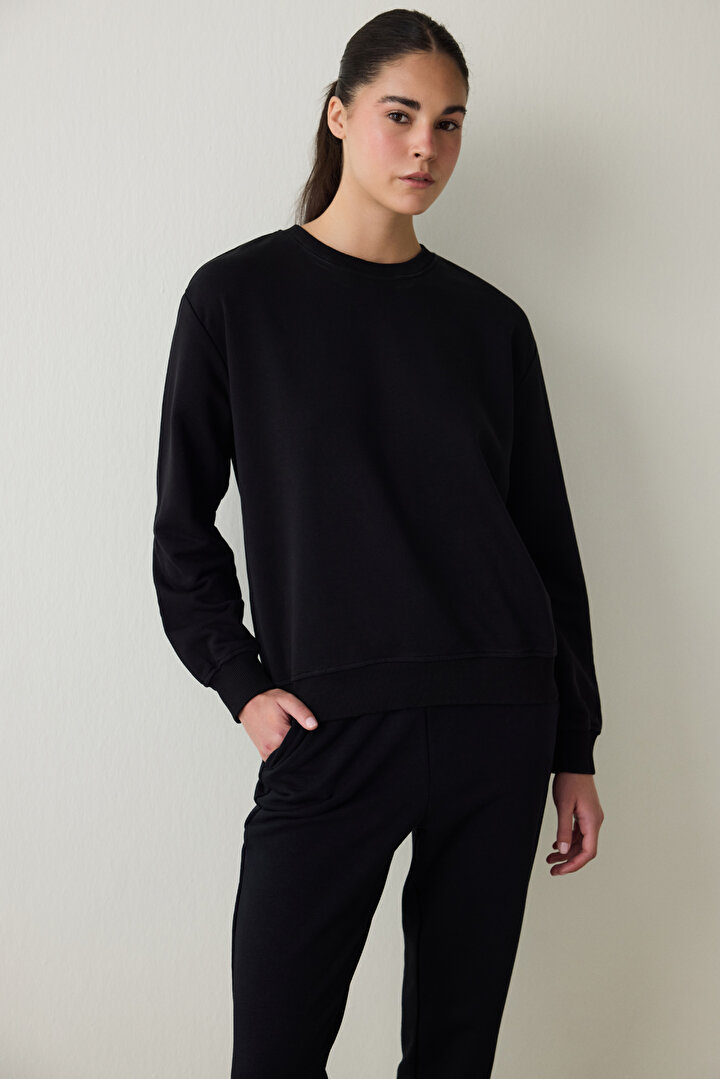 Siyah Bisiklet Yaka Oversize Spor Sweatshirt - 2