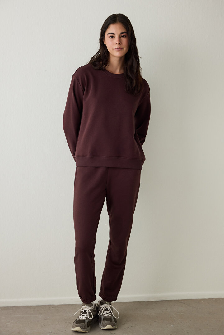 Kahverengi Bisiklet Yaka Oversize Spor Sweatshirt - 1
