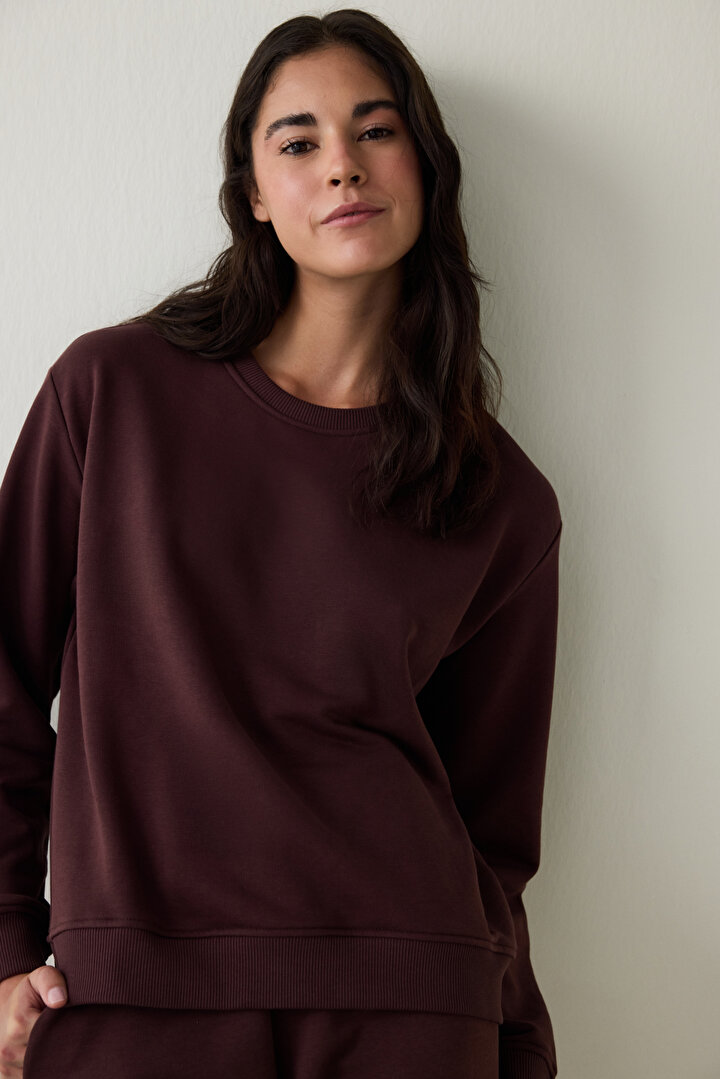 Kahverengi Bisiklet Yaka Oversize Spor Sweatshirt - 2