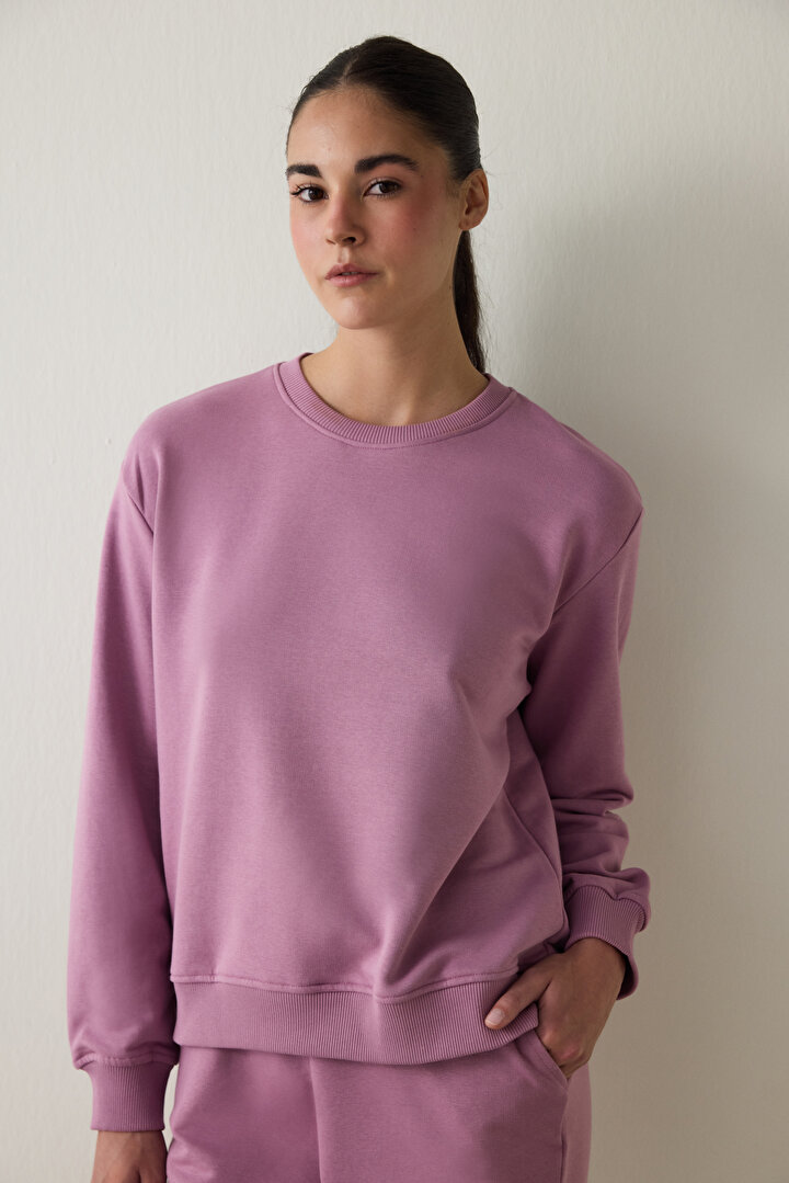 Lila Bisiklet Yaka Oversize Spor Sweatshirt - 2