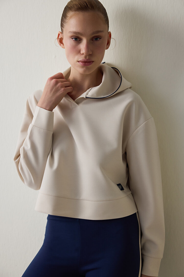 Bej Modal Kapüşonlu Sweatshirt - 1